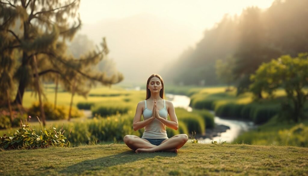 A serene and tranquil scene of a person practicing mindfulness in a peaceful, natural setting. The foreground features a person sitting cross-legged in a meditative pose, their eyes closed and expression calm. The middle ground showcases a lush, verdant landscape with swaying trees and a gentle stream flowing through. The background depicts a dreamy, hazy sky with soft, diffused lighting, creating a sense of warmth and relaxation. The overall atmosphere evokes a feeling of inner peace, stillness, and present-moment awareness, capturing the essence of a simple, daily mindfulness practice.