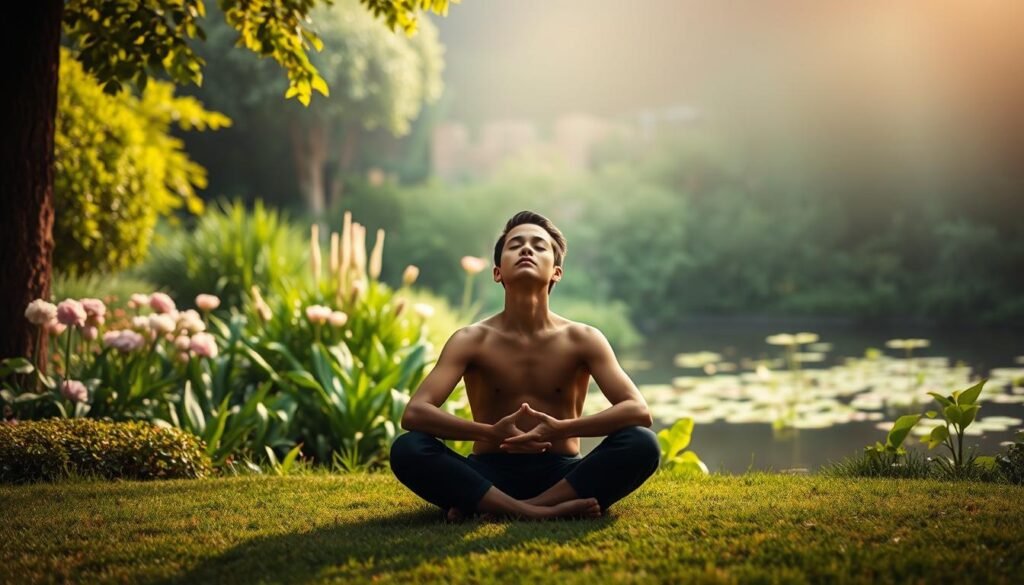 A serene, contemplative scene of self-awareness development. In the foreground, a person sits cross-legged, eyes closed, hands resting gently on their lap, their face reflecting a sense of introspection and inner calm. The middle ground features a lush, verdant garden, with blooming flowers and a tranquil pond reflecting the sky above. In the background, soft, diffused lighting illuminates the scene, creating a warm, ethereal atmosphere that encourages self-reflection and personal growth. The overall composition evokes a sense of balance, harmony, and the journey towards greater self-understanding.