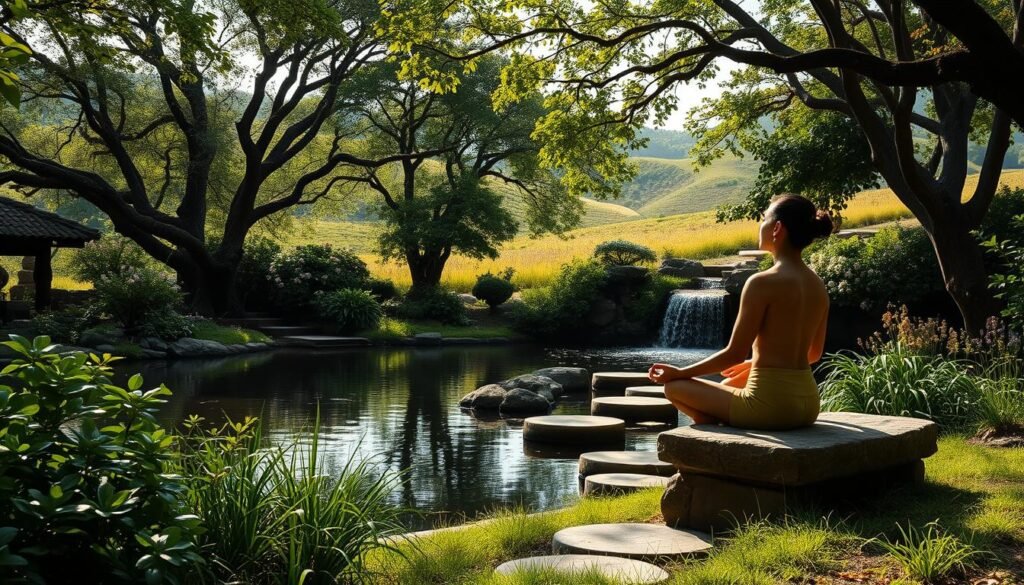 A serene garden oasis with a tranquil meditation pond, surrounded by lush, verdant foliage. In the foreground, a person sits cross-legged on a stone bench, eyes closed in deep contemplation, radiating a sense of inner peace. Soft natural lighting filters through the canopy of trees, casting a warm, soothing glow. In the middle ground, a path of stepping stones leads to a waterfall cascading into the still waters of the pond, the sound of flowing water creating a calming ambiance. In the background, rolling hills dotted with wildflowers provide a picturesque, secluded setting, evoking a feeling of timelessness and escape from the stresses of daily life.