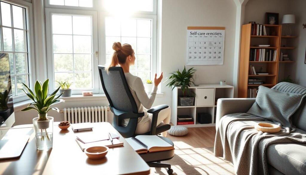 A serene home office with abundant natural light streaming through large windows. In the foreground, a woman sitting in a comfortable ergonomic chair, practicing mindful breathing exercises. On the desk, a glass of water, a healthy snack, and a notebook for jotting down thoughts. In the middle ground, a small potted plant and a meditation cushion, creating a calming ambiance. The background features a bookshelf filled with inspiring titles, a wall calendar highlighting self-care reminders, and a cozy throw blanket draped over a couch, inviting relaxation. The overall scene conveys a sense of balance, productivity, and energy management through healthy habits.