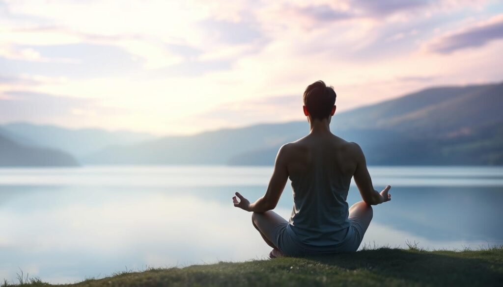 A serene landscape with a meditating figure in the foreground, surrounded by a soft, diffused light. In the middle ground, a tranquil lake reflects the calming scene. In the background, rolling hills and a vibrant, yet soothing sky painted in hues of blue and purple. The composition conveys a sense of peace and inner calm, with the meditating figure as the focal point, expressing the relief from stress and anxiety through the practice of meditation.