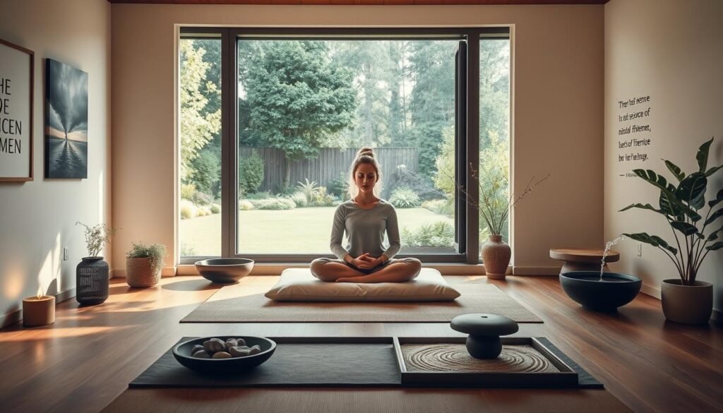 A serene meditation room, with a large window overlooking a tranquil garden. Soft, natural lighting filters in, casting a warm glow. In the center, a person sits cross-legged on a plush cushion, eyes closed, hands resting gently on their lap. Surrounding them, various mindfulness tools - a bowl of river stones, a zen garden with raked sand, and a small fountain emitting a soothing, trickling sound. The walls are adorned with calming artwork and inspirational quotes about the science of mindfulness. An aura of peace and focus permeates the space, inviting the viewer to pause, breathe, and connect with the present moment.