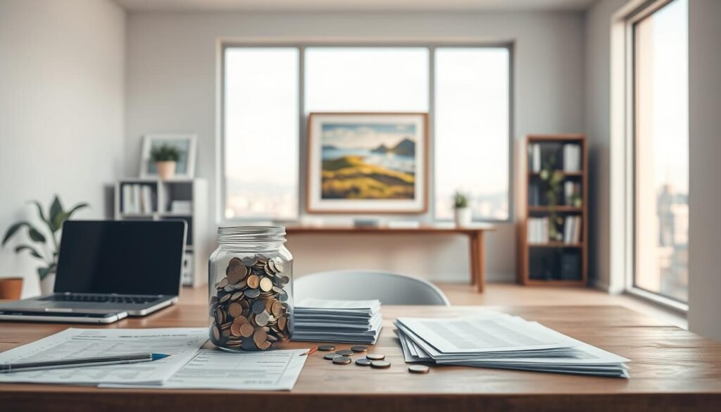 A serene, minimalist office space with an abundance of natural light. In the foreground, a wooden table displays a stack of financial documents, a laptop, and a jar overflowing with coins - symbolizing the accumulation of savings. The middle ground features a sleek, modern bookshelf filled with financial planning books and a framed painting depicting a lush, tranquil landscape, hinting at the long-term growth potential of investments. The background showcases a large window overlooking a picturesque cityscape, conveying a sense of financial stability and prosperity. Soft, diffused lighting casts a warm, inviting glow throughout the scene, creating an atmosphere of thoughtful financial management.