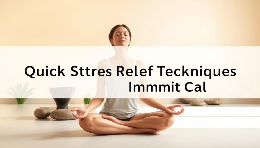 A serene, minimalist scene depicting effective stress relief techniques. In the foreground, a person seated in a comfortable yoga pose, eyes closed, exuding an aura of tranquility. The middle ground features a collection of natural elements - a small fountain, some river stones, and a few calming plants. The background showcases a warm, diffused natural light, creating a soothing ambiance. The overall composition conveys a sense of harmony and instantaneous relaxation, reflecting the "Quick Stress Relief Techniques for Immediate Calm" theme. Rendered in a soft, painterly style with a muted color palette to evoke a meditative atmosphere.