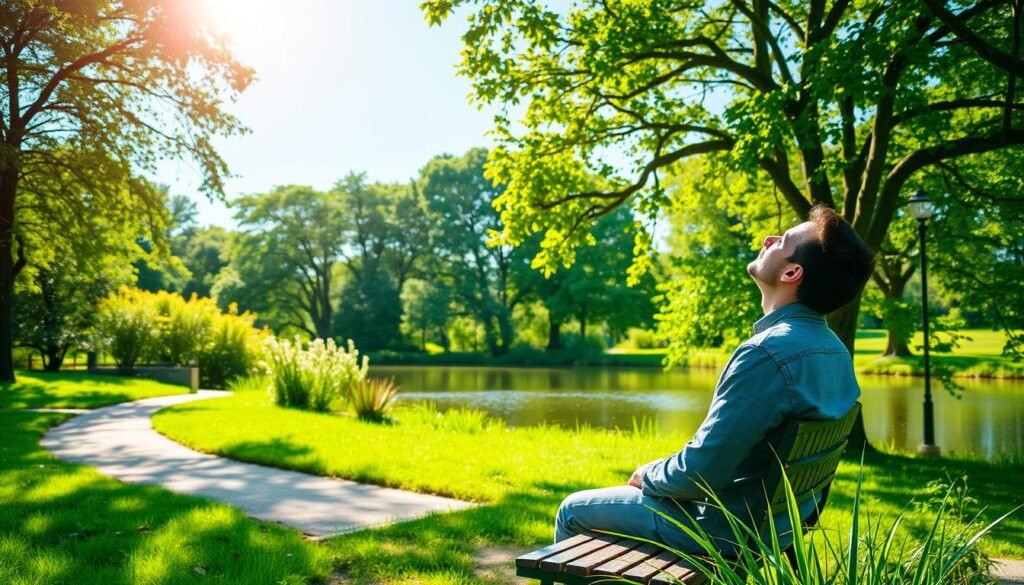 A serene outdoor scene, with a person sitting on a park bench, taking a deep breath and gazing up at the clear blue sky. The foreground features lush greenery, with a winding path leading to the bench. The middle ground showcases a tranquil pond, its surface reflecting the surrounding foliage. In the background, a canopy of trees provides a natural, calming ambiance, bathed in warm, golden sunlight filtering through the leaves. The person's expression conveys a sense of peace and rejuvenation, as they fully embrace the moment, free from the constraints of work.