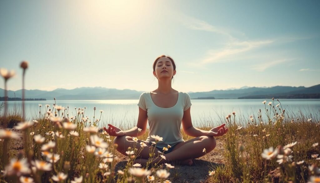 A serene, sunlit scene depicting the essence of mindfulness and emotional well-being. In the foreground, a person sits cross-legged, eyes closed, their face radiating a sense of inner peace and tranquility. Surrounding them, delicate wildflowers sway gently in a soft breeze, their pastel hues creating a calming color palette. In the middle ground, a tranquil lake reflects the azure sky, its surface unruffled, mirroring the stillness within. Distant mountains rise in the background, their peaks capped with snow, symbolizing the lofty heights of emotional balance and mental clarity. The overall atmosphere is one of contemplation, harmony, and the profound connection between mindfulness and emotional health.