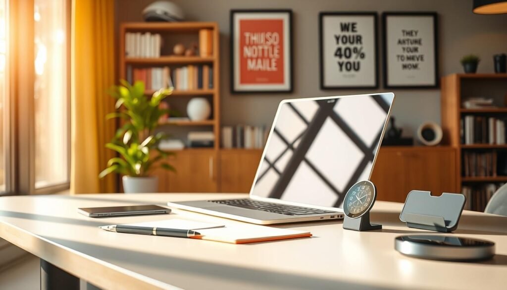 A sleek and organized office workspace, bathed in warm, natural lighting streaming through large windows. On the desk, an array of essential productivity tools neatly arranged - a minimalist laptop, a high-quality pen and notebook, a focused task timer, a compact document scanner, and a wireless charging station. In the background, bookshelves and framed motivational artwork create a harmonious, productivity-enhancing ambiance. The composition emphasizes efficiency, organization, and a distraction-free environment conducive to maximum workplace productivity.