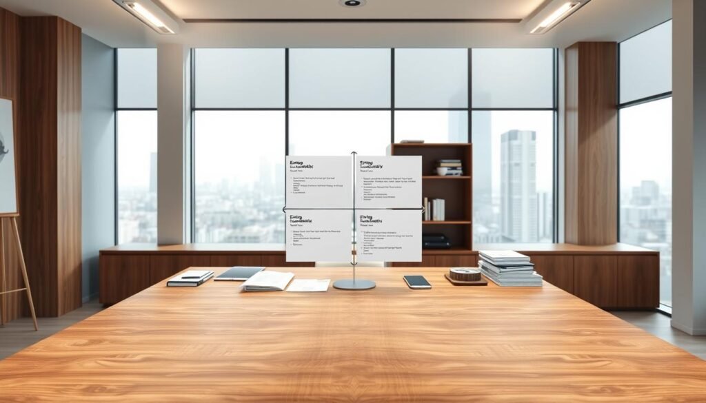 A sleek, modern office setting with a large wooden desk in the foreground. Atop the desk, an Eisenhower Matrix diagram is prominently displayed, its four quadrants neatly organizing a collection of paper documents and digital devices. Soft, directional lighting from above casts an aura of focus and productivity. In the middle ground, a minimalist chair and bookshelf provide context, while the background features a large window overlooking a cityscape, suggesting a professional, aspirational environment. The overall scene conveys a sense of organized, efficient task prioritization, in line with the article's theme of boosting productivity through effective time management.