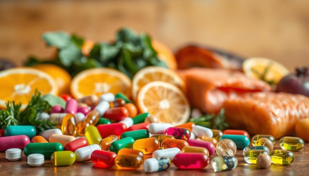 A still life composition showcasing fat-soluble and water-soluble vitamins. In the foreground, an array of colorful capsules, pills, and softgels, each representing a different vitamin, arranged in a visually appealing manner. The middle ground features various fresh fruits and vegetables, such as oranges, spinach, and salmon, to symbolize natural vitamin sources. The background is a warm, softly lit setting, with subtle shadows and highlights to accentuate the textures and shapes of the elements. The overall atmosphere conveys a sense of balance, health, and the importance of a well-rounded, vitamin-rich diet. Captured with a high-quality, macro lens to ensure detailed, crisp imagery.