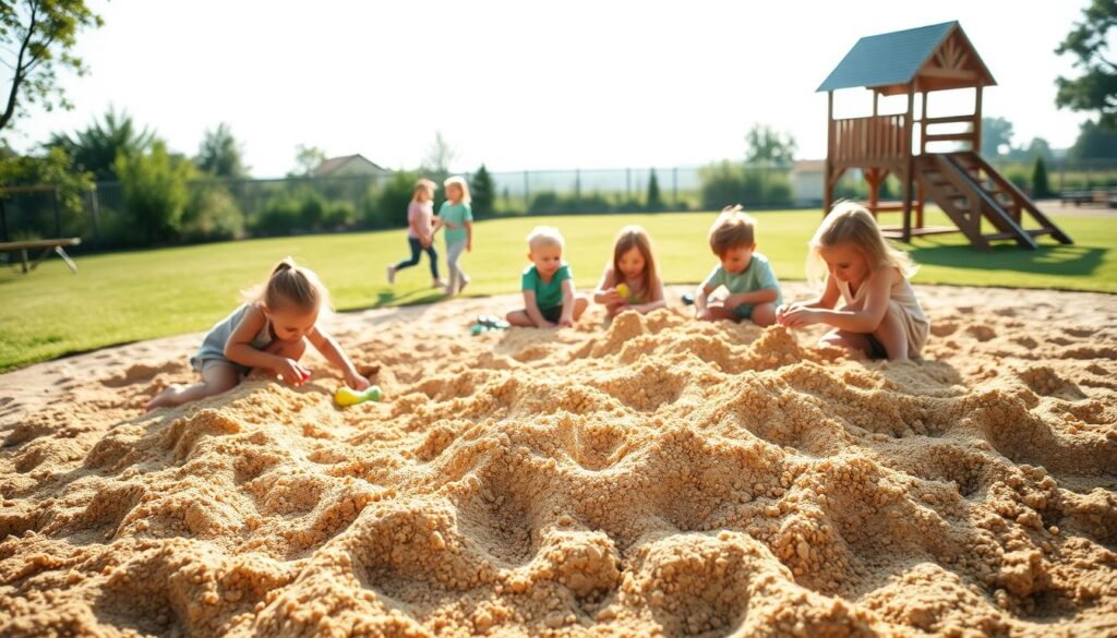 A sunny outdoor playground, children playing in a sandbox filled with soft, golden sand. In the foreground, a group of kids digging, building sandcastles, and burying their feet in the warm granules. In the middle ground, a playful scene of children sharing toys and laughing as they create imaginative structures. In the background, a lush green lawn, and a wooden play structure, creating a natural, inviting atmosphere. Gentle, diffused lighting casts a warm, cheerful glow, capturing the joy and carefree spirit of sand play. A wide-angle lens showcases the expansive, open space, inviting the viewer to step into the serene, carefree world of outdoor play.
