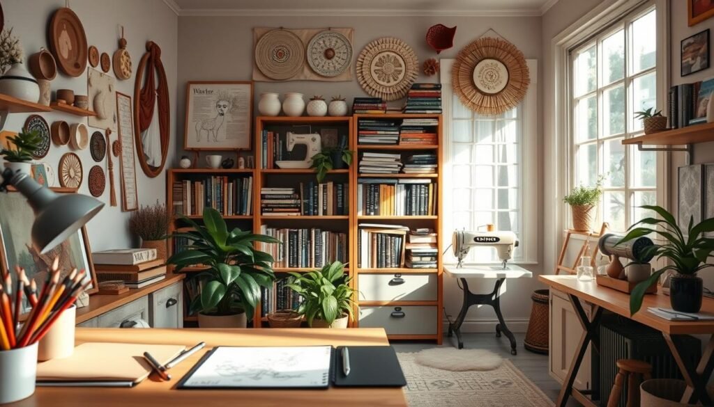 A tranquil home studio filled with an array of creative hobbies. In the foreground, a cozy desk with a sketchpad, colored pencils, and a potted plant. Midground, shelves display handmade ceramics, embroidered wall hangings, and a vintage sewing machine. Soft, natural lighting filters through large windows, casting a warm glow. In the background, a bookshelf overflows with volumes on art, crafts, and personal development. An atmosphere of calm focus and passion permeates the space, inviting the viewer to indulge in their own fulfilling hobby.