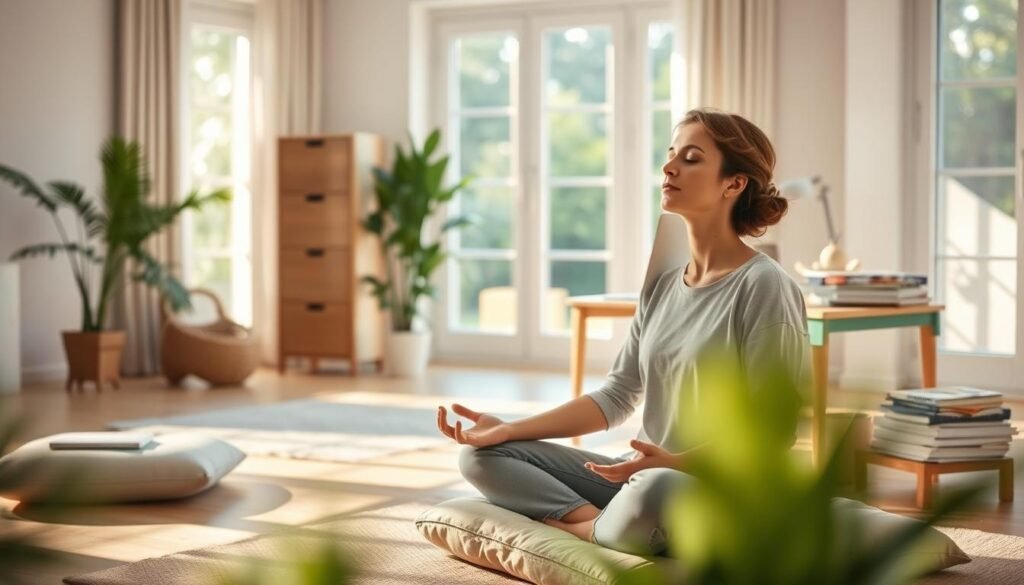 A tranquil scene of a person practicing mindful stress management techniques in their daily life. The foreground features a person sitting cross-legged on a comfortable cushion, eyes closed, hands resting gently on their lap. The middle ground showcases a simple, minimalist home office setup with a laptop, a potted plant, and a stack of neatly organized papers. The background depicts a calming, sunlit room with soft, warm lighting, and large windows overlooking a serene garden. The overall atmosphere is one of peaceful focus, balance, and a sense of control over the daily stresses of life.