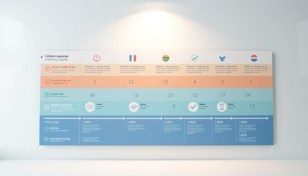 A vibrant and informative illustration of language proficiency scales, showcasing a meticulously designed infographic against a clean, minimalist background. The scales are presented in a clear, intuitive manner, with distinct levels denoted by subtle gradients and harmonious color palettes. The overall composition is balanced, with attention to detail in the icons, typography, and layout, creating a visually engaging and educational resource. Soft, diffused lighting illuminates the scene, evoking a sense of clarity and focus. The image captures the essence of "Understanding Language Proficiency Scales" with a contemporary, professional aesthetic.