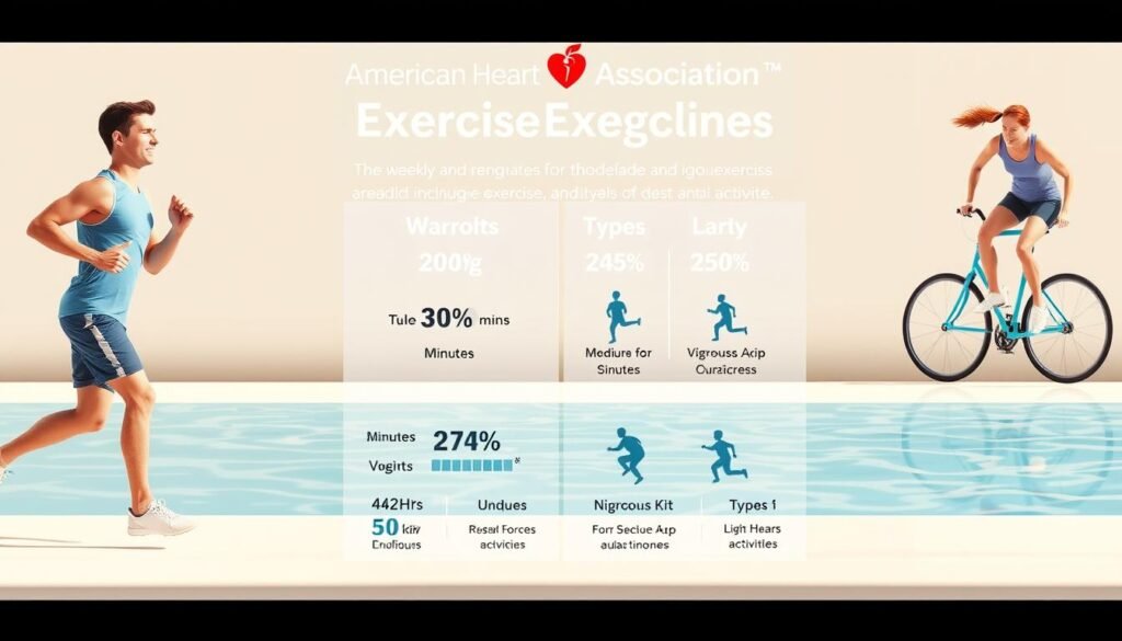 A vibrant, informative illustration of the American Heart Association's aerobic exercise guidelines. In the foreground, a fit adult engaged in various cardio activities like running, cycling, and swimming, their movements conveying the dynamism of an active lifestyle. The middle ground showcases a clear, concise infographic detailing the recommended weekly minutes of moderate and vigorous exercise, as well as the types of aerobic activities. The background features a clean, minimalist design with a soft, warm color palette, creating an atmosphere of health, wellness, and accessibility. Crisp, high-resolution rendering with natural lighting and a wide-angle lens to capture the full scope of the scene.