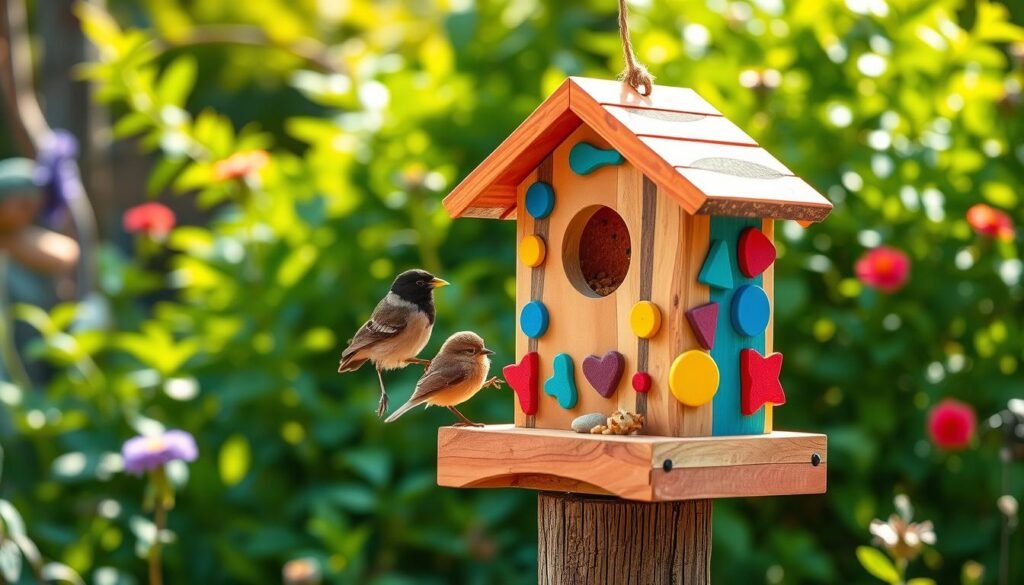 A vibrant, kid-friendly bird feeder, crafted from reclaimed wood and adorned with colorful, whimsical shapes. The feeder is placed atop a wooden post, inviting curious children to observe the feathered visitors up close. Soft, natural lighting bathes the scene, creating a warm, inviting atmosphere. In the background, a lush, verdant garden provides a serene backdrop, hinting at the outdoor wonder that surrounds the feeder. The feeder's design is both practical and playful, encouraging children to engage with the natural world and nurture their love of birdwatching.