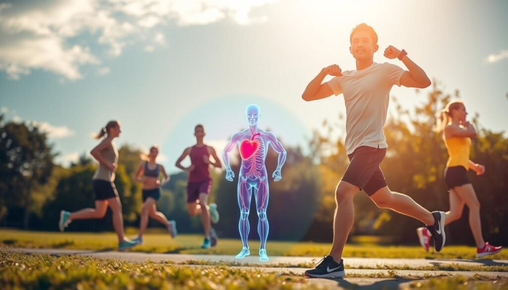 A vibrant, realistic scene showcasing the health benefits of exercise. In the foreground, a person performing various exercises like jogging, stretching, and lifting weights, all with a glowing, energetic aura. In the middle ground, a representation of the positive effects on the body, such as a beating heart, strong muscles, and improved circulation. In the background, a serene outdoor setting with lush greenery, a clear sky, and warm, directional lighting creating a sense of well-being and vitality. The overall composition conveys the transformative power of physical activity on both the physical and mental aspects of health.
