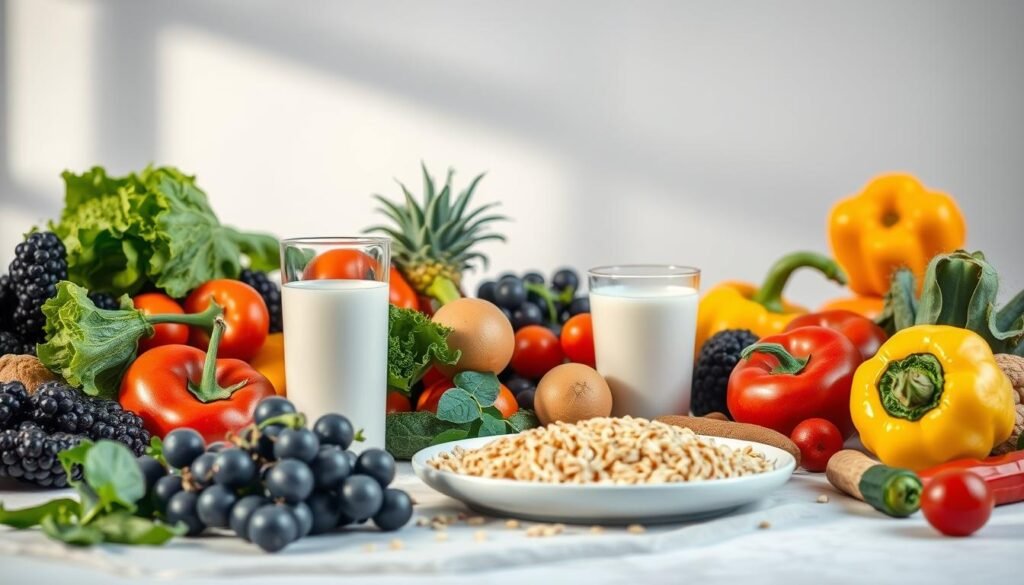 A vibrant still life composition depicting sustainable food choices. In the foreground, an array of fresh, colorful vegetables and fruits, meticulously arranged to convey a sense of abundance and health. In the middle ground, a glass of plant-based milk and a plate of grains or legumes, symbolic of dairy and meat alternatives. The background features a serene, minimalist setting with soft, diffused lighting, creating a calming, introspective atmosphere. The overall scene evokes a harmonious balance between nourishment and environmental consciousness, inviting the viewer to consider reducing their reliance on animal-based products.