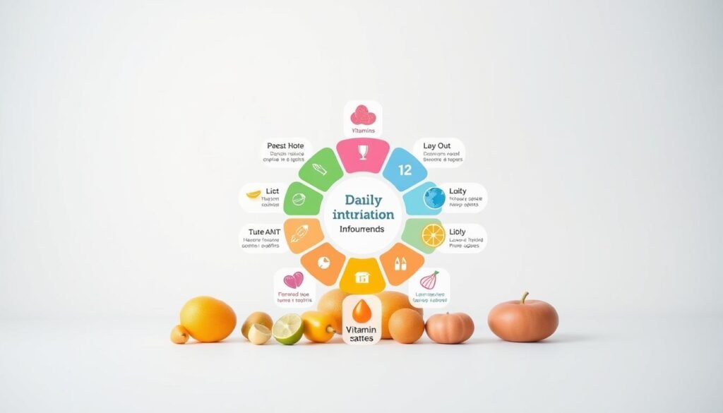 A visually engaging infographic depicting the daily nutrient requirements for a healthy adult. In the foreground, a clean and minimalist design showcases a set of vibrant icons representing essential vitamins and minerals. The middle ground features a circular arrangement of these icons, with clear labeling and numerical values indicating the recommended daily intake. The background is a soft, muted gradient that provides a clean and uncluttered canvas, allowing the informative elements to take center stage. The overall composition is balanced, with a modern aesthetic and a thoughtful use of colors to enhance clarity and visual appeal.