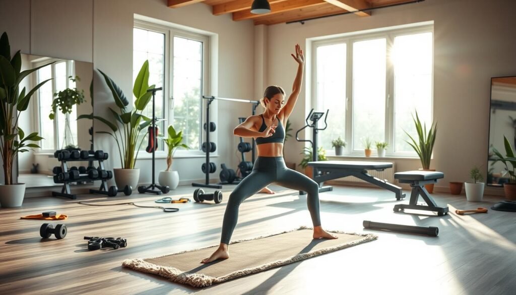 A well-equipped home gym with ample natural light streaming through large windows. In the foreground, a person performing a yoga pose on a plush exercise mat, exuding calmness and mindfulness. In the middle ground, an assortment of free weights, resistance bands, and a sturdy exercise bench, suggesting a diverse range of exercises. The background features potted plants and minimalist decor, creating a serene, eco-friendly atmosphere. The overall scene conveys a sustainable, holistic approach to fitness, where the focus is on personal wellbeing and the harmonious integration of mind and body.