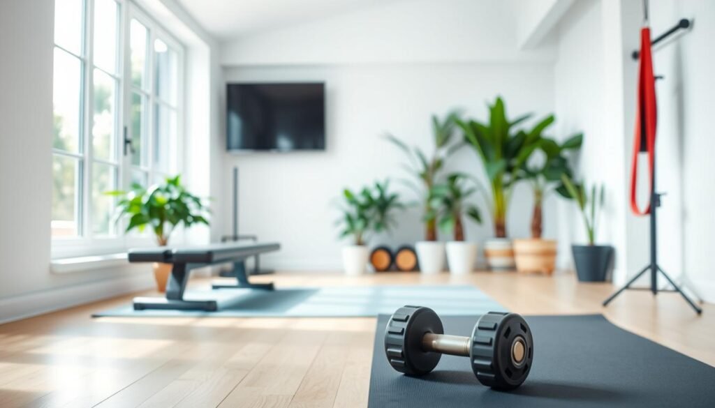 A well-lit, airy home gym with a focus on simple and effective fitness equipment. In the foreground, a yoga mat and a set of adjustable dumbbells. In the middle ground, a sturdy exercise bench and a resistance band hanging from a wall-mounted rack. The background features large windows letting in natural light, with lush potted plants adding a serene, nature-inspired atmosphere. The overall mood is one of inviting simplicity, encouraging the viewer to embark on their fitness journey from the comfort of their own home.