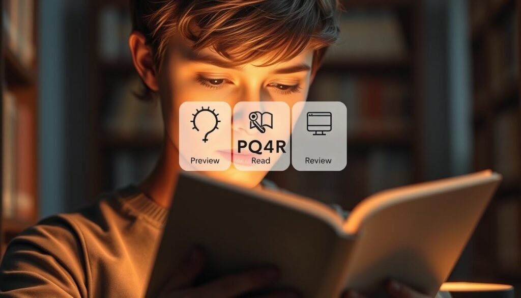 A well-lit, high-definition illustration depicting the PQ4R reading technique. In the foreground, a person is intently studying a book, their face illuminated by warm lighting that casts a contemplative glow. In the middle ground, the key steps of the PQ4R method are visualized through simple yet evocative icons: Preview, Question, Read, Reflect, Review. The background features a subtly blurred library or study space, hinting at the academic setting where this technique would be applied. The overall composition conveys a sense of focus, structure, and the purposeful engagement of the reader.