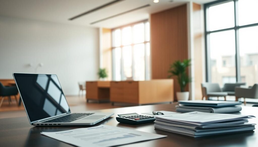 A well-lit, professional-looking office desk with a laptop, calculator, and organized financial documents. The background features a minimalist, modern banking interior with sleek wooden furniture and large windows letting in soft, natural light. The overall atmosphere conveys a sense of efficiency, security, and financial stability. The image should highlight the key elements of setting up a business bank account, such as paperwork, digital tools, and the secure banking environment.