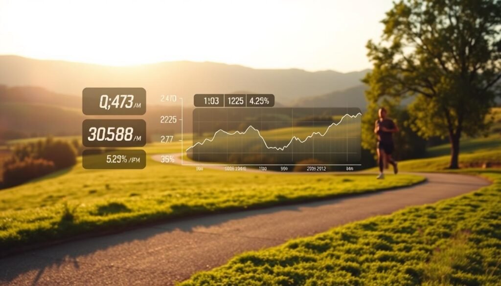 A well-lit scene depicting a person exercising to lower their blood pressure. The foreground shows a jogger running on a winding path through a lush, verdant park. The runner's face is focused, their stride powerful and determined. The middle ground features a series of digital readouts and graphs, visualizing the positive impact of the exercise on the person's cardiovascular health and blood pressure levels. The background showcases a serene, picturesque landscape with rolling hills, a cloudless sky, and the warm glow of the sun casting a soft, natural light over the entire scene. The overall mood is one of health, vitality, and the empowering benefits of regular physical activity.