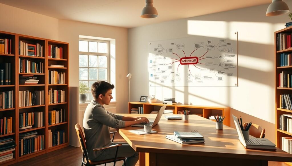 A well-lit, spacious study room with a wooden desk and shelves filled with books. On the desk, a laptop, stationery, and a student intently studying, their gaze focused on the screen. The walls are adorned with inspirational quotes and a colorful mind map illustrating the active recall study method. Warm, natural lighting streams in through large windows, creating a serene and focused atmosphere. The scene evokes a sense of productivity and learning, capturing the essence of the "Active Recall: The Gold Standard of Effective Study Techniques for Students" subject.
