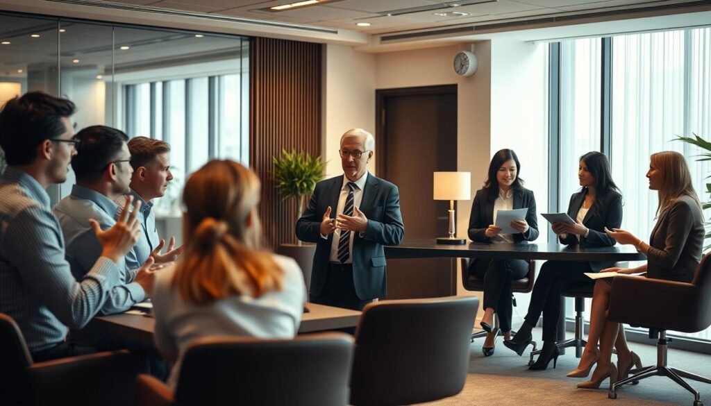 An elegant office space with seven professionals engaged in various communication styles. In the foreground, a team brainstorming session with lively gestures and eye contact. In the middle ground, a manager conducting a one-on-one meeting, speaking emphatically. In the background, colleagues collaborating on a shared document, their body language conveying active listening. Soft, warm lighting illuminates the scene, creating a professional, collaborative atmosphere. The composition is balanced, with the subjects positioned to showcase the diversity of workplace communication - verbal, nonverbal, digital, and interpersonal. Captured with a wide-angle lens to provide a comprehensive view of the office dynamic.