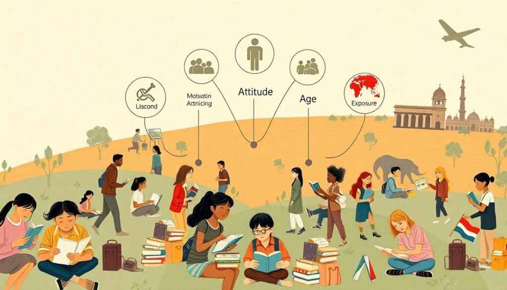 An intricate illustration of the key factors that influence language learning, captured in a vivid, artistic style. In the foreground, a diverse group of learners engage in various activities, such as reading textbooks, conversing with language partners, and immersing themselves in foreign media. The middle ground showcases symbolic representations of the factors at play - motivation, aptitude, age, exposure, and teaching methods. The background features a warm, textured landscape with subtle architectural elements, suggesting the cultural and environmental context that shapes the language learning journey. The lighting is soft and natural, creating a contemplative, educational atmosphere. The composition is balanced and visually engaging, inviting the viewer to explore the interplay of these essential elements in the language acquisition process.