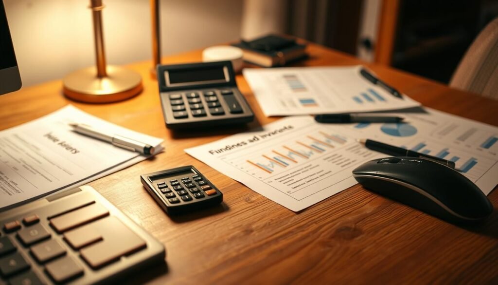 Detailed close-up of a wooden desk with various small business funding options, including loan documents, investment charts, and a calculator. The desk is illuminated by soft, warm lighting from a lamp in the background, creating a focused, professional atmosphere. A keyboard and mouse are visible, suggesting the desk is actively being used to research and plan financing strategies. The overall scene conveys a sense of organization, deliberation, and the careful consideration of financial options for a small business venture.