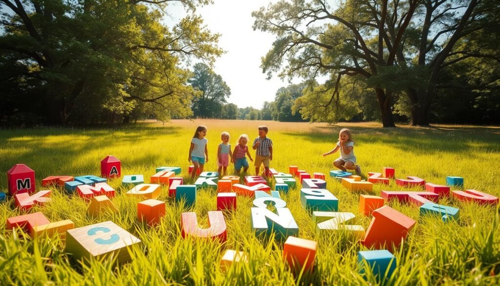 Outdoor alphabet match for kids: A vibrant, sun-drenched scene of a lush, grassy meadow. Scattered across the foreground, oversized letter-shaped wooden blocks in a rainbow of colors, inviting young hands to grasp and arrange. In the middle ground, a group of energetic children exploring the letters, laughing and playing. Towering trees frame the edges, casting a warm, dappled light over the entire tableau. A sense of discovery and adventure fills the air, as the children engage with this playful, educational activity amidst the great outdoors.