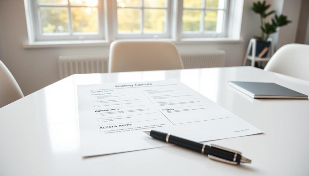 Pristine white office desk with clean, minimalist design. In the center, a crisp, elegantly formatted strategic meeting agenda template, its clean lines and professional layout commanding attention. Soft, natural lighting from large windows casts a warm, focused glow on the document, accentuating its importance. The template features clearly defined sections, from "Agenda Items" to "Action Items", with ample space for detailed notes. A sophisticated black pen rests nearby, poised to capture key insights. The overall atmosphere exudes a sense of organized productivity, setting the stage for a focused, impactful meeting.