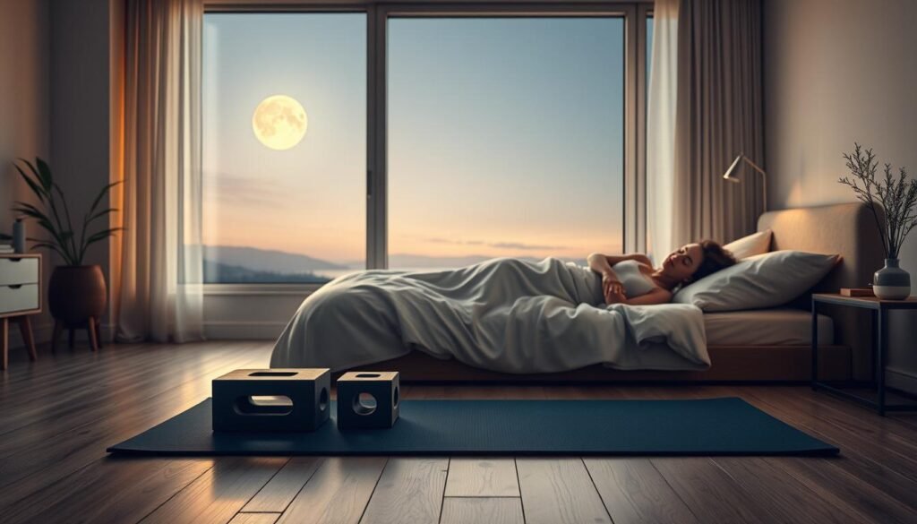 Prompt A serene bedroom setting with soft, warm lighting illuminating a person sleeping peacefully in bed. In the foreground, an exercise mat and yoga blocks are neatly arranged, reflecting the importance of physical activity for sleep quality. The middle ground features a large window overlooking a peaceful, moonlit landscape, emphasizing the connection between exercise, sleep, and natural rhythms. The background showcases a minimalist, Scandinavian-inspired interior design, creating a calming and restorative atmosphere. The overall composition conveys the harmonious relationship between exercise and optimal sleep timing for a healthy, balanced lifestyle.