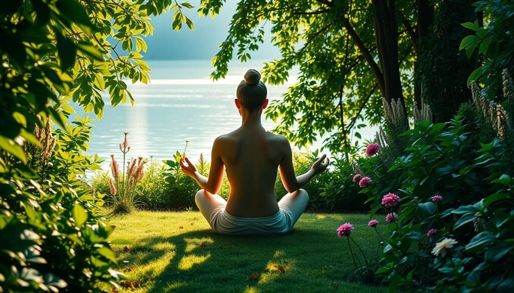 Serene garden setting with a central figure sitting in a meditative pose, legs crossed, hands resting gently on knees. Soft, diffused natural lighting filters through lush foliage, casting a warm, calming glow. Vibrant, verdant plants and flowers surround the figure, symbolizing the nourishing and restorative qualities of mindfulness practice. In the background, a distant, tranquil body of water reflects the scene, adding to the sense of peaceful contemplation. The overall mood is one of inner calm, balance, and the profound benefits of a mindful lifestyle.
