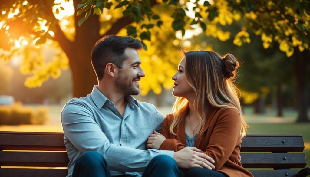 a serene and intimate scene of emotional intelligence in relationships, with a couple sitting together on a park bench, their body language conveying a deep connection and understanding. Warm afternoon sunlight filters through the leaves of a nearby tree, casting a soft glow on their faces as they gaze into each other's eyes, their expressions reflecting a sense of calm and trust. The background is subtly blurred, drawing the viewer's focus to the couple's emotional intimacy. The composition is balanced and harmonious, conveying the importance of emotional awareness and empathy in cultivating meaningful relationships.