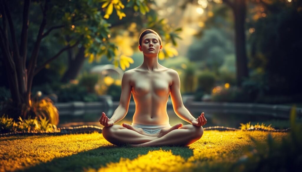 a serene, tranquil scene of a person meditating in a peaceful garden, with lush greenery and a calming pond in the background. The figure is sitting cross-legged, eyes closed, hands resting gently on their lap, exuding a sense of profound inner peace and stillness. Warm, diffused lighting filters through the trees, casting a soft glow on the scene. The atmosphere is one of harmony, balance, and the profound connection between the mind, body, and the natural world. The image conveys the physical and mental health benefits of the meditative practice, highlighting the restorative and rejuvenating effects it can have on the human form.