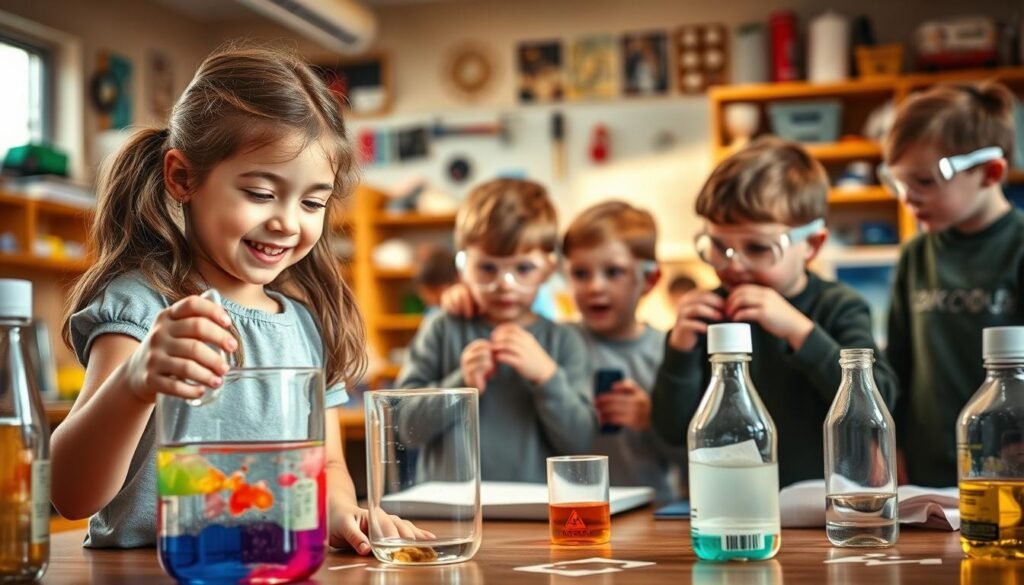 A classroom filled with children engaged in safe science experiments. In the foreground, a young girl carefully mixing colorful liquids in a beaker, her face alight with curiosity. In the middle ground, a group of boys observing the reactions of baking soda and vinegar, their safety goggles in place. The background showcases various science tools and equipment, creating an atmosphere of exploration and learning. Warm, natural lighting illuminates the scene, casting a welcoming glow. The overall mood is one of wonder, safety, and the joy of scientific discovery. A classroom filled with children engaged in safe science experiments. In the foreground, a young girl carefully mixing colorful liquids in a beaker, her face alight with curiosity. In the middle ground, a group of boys observing the reactions of baking soda and vinegar, their safety goggles in place. The background showcases various science tools and equipment, creating an atmosphere of exploration and learning. Warm, natural lighting illuminates the scene, casting a welcoming glow. The overall mood is one of wonder, safety, and the joy of scientific discovery.