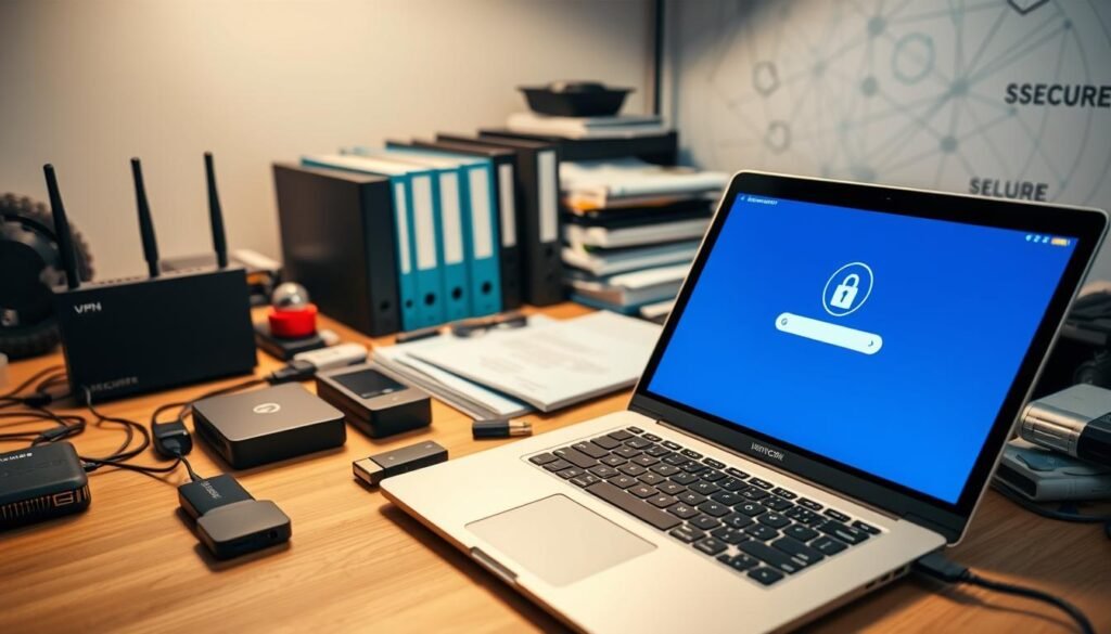 A cluttered desk littered with various cybersecurity tools, casting a warm glow from the soft lighting. In the foreground, a high-resolution image of a stylish yet functional laptop, its screen displaying a secure login interface. Alongside it, an array of sleek hardware devices - a VPN router, an encrypted USB drive, and a state-of-the-art hardware security key. In the middle ground, neatly organized folders and documents related to online privacy and digital safety. The background features a subtle wallpaper of a secure network diagram, hinting at the technical complexities of modern web security. The overall atmosphere conveys a sense of professionalism, attention to detail, and a commitment to protecting oneself in the digital realm.