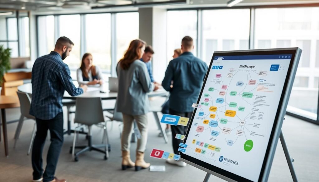 A collaborative workspace featuring a mind mapping tool, MindManager. In the foreground, a sleek digital whiteboard showcases a mind map with interconnected nodes, color-coded and annotated. In the middle ground, team members gathered around a conference table, engaged in active discussion, brainstorming ideas and annotating the shared mind map in real-time. The background features a modern office setting, with floor-to-ceiling windows allowing natural light to flood the space, creating a bright and productive atmosphere. The overall scene conveys the power of MindManager's collaborative capabilities, enabling teams to visualize, plan, and execute their strategies seamlessly.