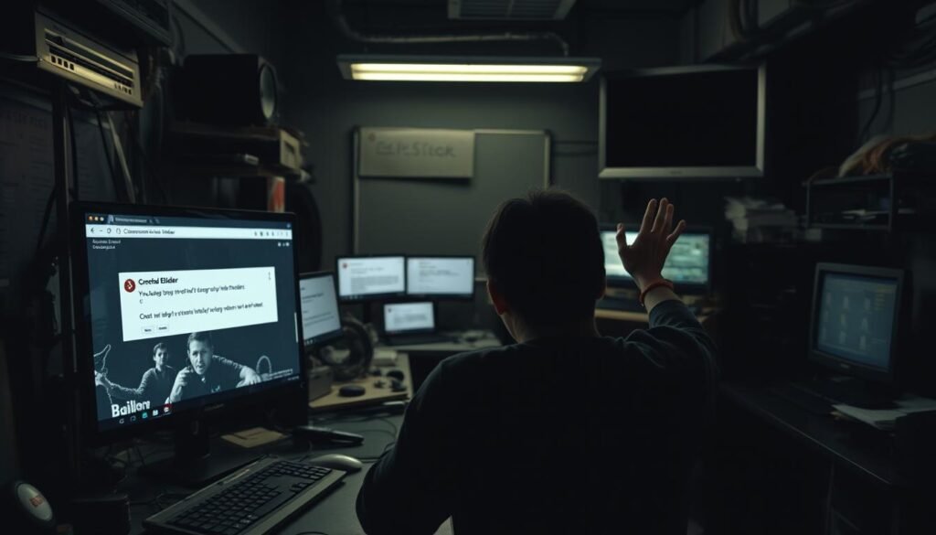 A dark, cluttered workspace with outdated hardware and software. In the foreground, a tattered, unresponsive website builder interface with limited customization options. The middle ground shows a frustrated user, hands raised in exasperation, surrounded by pop-up error messages. In the background, a dimly lit room with outdated technology, signifying the limitations of the platform. The lighting is harsh, casting deep shadows and creating a sense of confinement. The lens is slightly wide-angled, emphasizing the claustrophobic atmosphere. The overall mood is one of frustration, restriction, and the need for a more robust, modern solution.