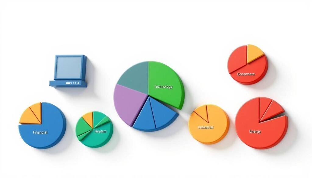 A detailed, data-driven illustration showcasing the economic sector representation of the NIFTY 50 index. Set against a clean, minimalist background, the image should depict a series of meticulously crafted, three-dimensional pie charts, each representing a major sector of the Indian economy - Technology, Financials, Consumer Discretionary, Healthcare, Industrials, and Energy. The charts should be arranged in a grid-like layout, with subtle shadows and highlights to create depth and dimension. The overall tone should be professional, informative, and visually striking, capturing the importance of the NIFTY 50 as a key barometer of India's economic growth and diversification.
