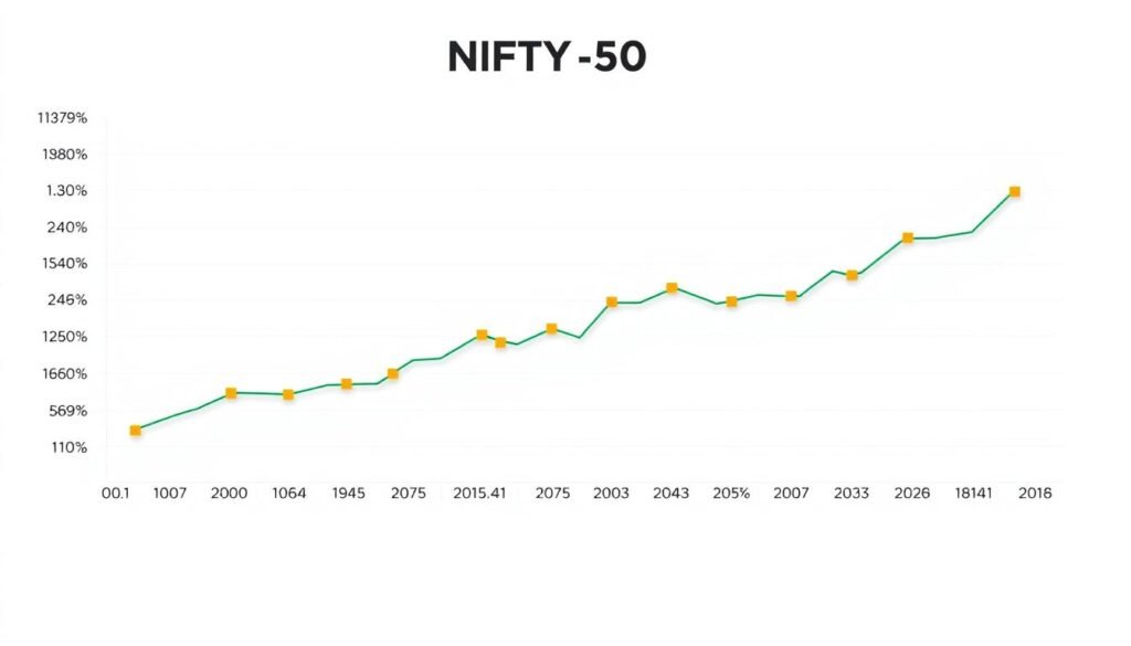 A detailed, high-resolution annual returns chart for the NIFTY 50 index, rendered in a minimalist, data-driven style. The chart shows the year-over-year percentage changes in the index value, presented on a clean white background with a subtle grid pattern. The data points are displayed as clear, geometric shapes, color-coded to represent positive and negative returns. The overall composition is balanced and visually striking, conveying the key insights of the NIFTY 50's performance in a concise, impactful manner.