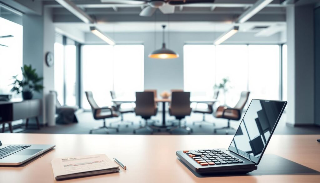 A modern and minimalist office interior with a focus on business cost savings. In the foreground, a sleek desk with a laptop, calculator, and neatly organized documents. The middle ground features a stylish conference table surrounded by comfortable chairs, creating an atmosphere of efficient collaboration. The background showcases large windows allowing natural light to flood the space, complemented by warm, subtle lighting fixtures. The color palette is a harmonious blend of neutral tones, conveying a sense of professionalism and practicality. The overall scene emphasizes the importance of a well-designed, cost-effective workspace that fosters productivity and cost-savings for businesses.
