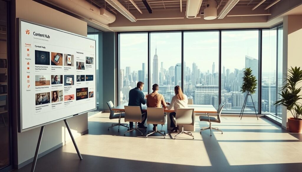 A modern, sleek office environment with a large whiteboard display showcasing the HubSpot Content Hub suite of tools. In the foreground, various digital content assets such as blog posts, social media graphics, and video thumbnails are prominently displayed. The middle ground features a team of professionals collaborating around a stylish conference table, brainstorming content ideas and strategizing. The background depicts a panoramic city skyline, conveying a sense of a thriving, innovative workspace. The lighting is warm and natural, creating a productive and inspiring atmosphere. Captured with a wide-angle lens to emphasize the scale and functionality of the HubSpot Content Hub.