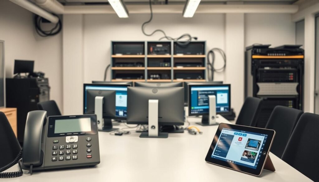A modern, well-lit office interior with a prominent desk showcasing a variety of business communication devices. In the foreground, a sleek desk phone, a headset, and a tablet displaying a phone system interface. In the middle ground, several desktop computers and monitors, representing integrated software systems. The background features shelves with networking equipment, cables, and a server rack, hinting at the technical infrastructure powering the seamless integration. The overall atmosphere conveys a sense of efficiency, connectivity, and a forward-thinking approach to business communication and collaboration.