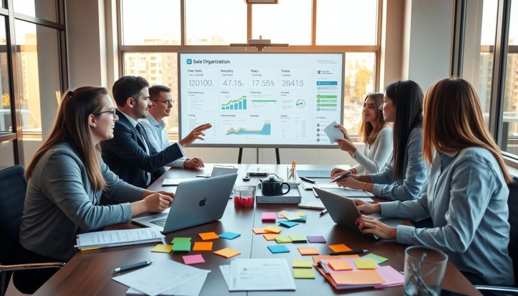 A neatly organized office space with a group of salespeople gathered around a conference table, discussing strategies and tools. The scene is bathed in warm, natural lighting that filters through large windows, creating a productive and collaborative atmosphere. On the table, various sales organization tools are visible, including a laptop, a tablet, and an array of colorful sticky notes and task-planning materials. The team members are dressed in professional attire, engaged in lively conversation, and gesturing towards a digital whiteboard displaying key metrics and sales pipeline information. The overall impression is one of a well-oiled, efficient sales team utilizing a range of technology-driven tools to optimize their workflow and drive success.