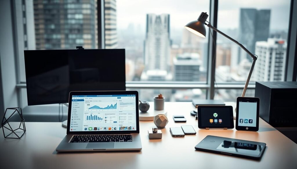 A neatly organized workspace with various social media management tools arranged on a modern desk. In the foreground, a sleek laptop displays analytics dashboards and scheduling interfaces. Surrounding it, an array of digital devices like tablets and smartphones, each showcasing different social media platforms. In the middle ground, a clean, minimalist aesthetic with geometric desk accessories and a stylish desk lamp providing soft, directional lighting. In the background, a blurred cityscape visible through large windows, conveying a sense of urban productivity. The overall mood is one of efficiency, organization, and a seamless integration of social media management into a professional work environment.