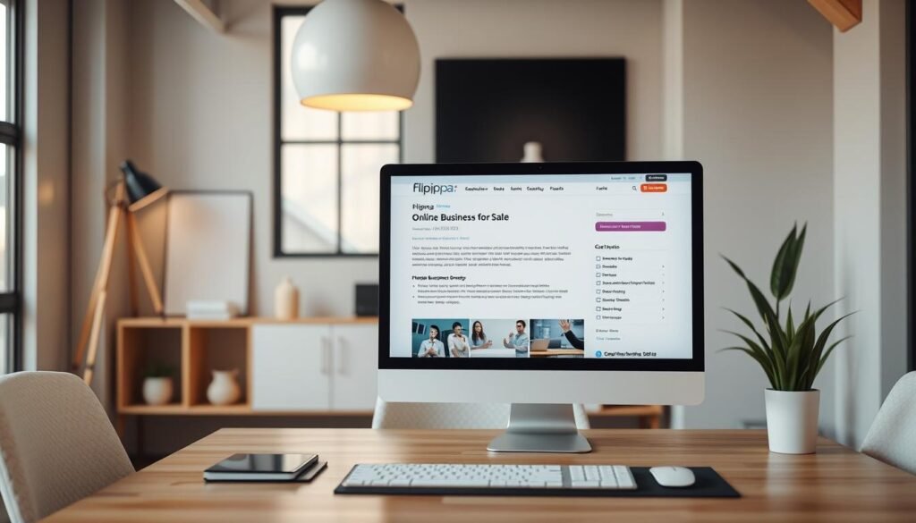 A professional, well-designed Flippa listing page against a backdrop of a minimalist, modern office space. The listing showcases the key details of the online business for sale, presented in a clean, visually appealing layout. Warm, natural lighting illuminates the scene, casting a soft glow on the screen and surrounding decor. The composition features a balanced blend of typography, imagery, and subtle graphical elements, creating an inviting and informative presentation. The overall tone conveys a sense of professionalism, credibility, and the excitement of selling a thriving online enterprise. A professional, well-designed Flippa listing page against a backdrop of a minimalist, modern office space. The listing showcases the key details of the online business for sale, presented in a clean, visually appealing layout. Warm, natural lighting illuminates the scene, casting a soft glow on the screen and surrounding decor. The composition features a balanced blend of typography, imagery, and subtle graphical elements, creating an inviting and informative presentation. The overall tone conveys a sense of professionalism, credibility, and the excitement of selling a thriving online enterprise.