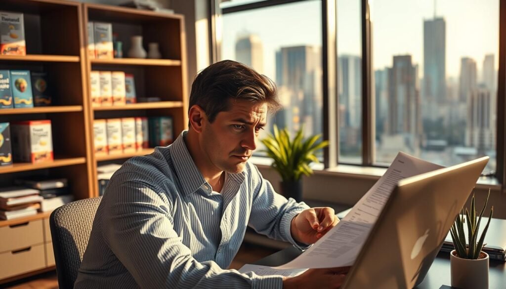 A professional, well-lit office scene with a desk, laptop, and various software tools and documents. In the foreground, a person intently evaluating a lifetime software deal, brow furrowed in concentration. The middle ground features shelves of software packages, neatly organized. The background has large windows overlooking a bustling city skyline, conveying a sense of seriousness and importance. The lighting is warm and natural, creating a contemplative atmosphere as the person assesses the value and longevity of the software deal.